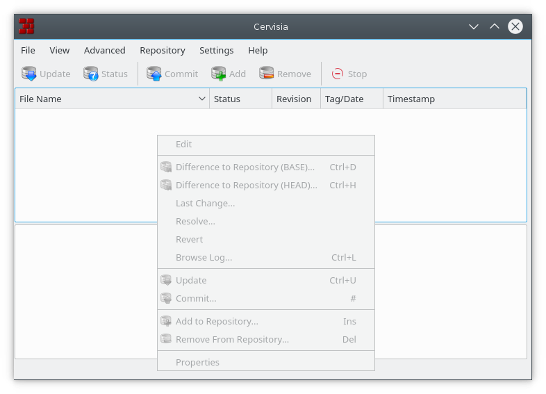A screenshot of Cervisia's context menu
