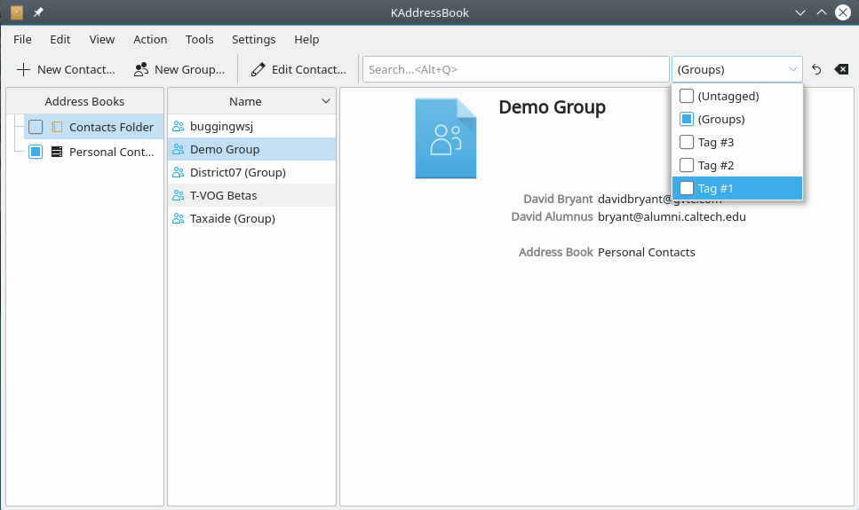 A screenshot of KAddressBook's “Filter” function.
