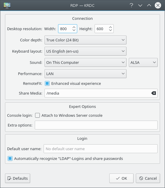 Preferencias de Remote Desktop Connection: pestaña perfiles de Opciones predeterminadas de RDP