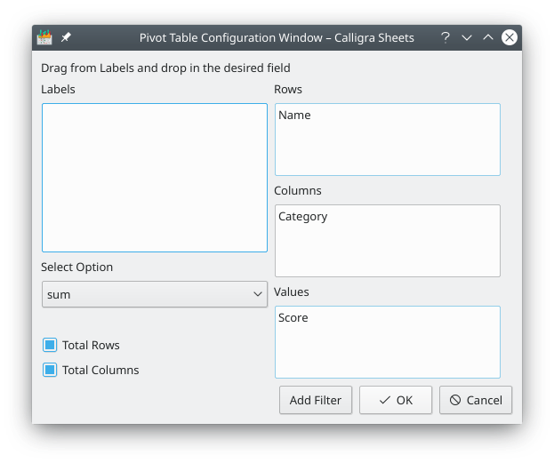 Boîte de dialogue pour personnaliser une table avec pivot