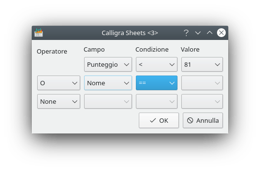 Finestra di filtro della tabella pivot