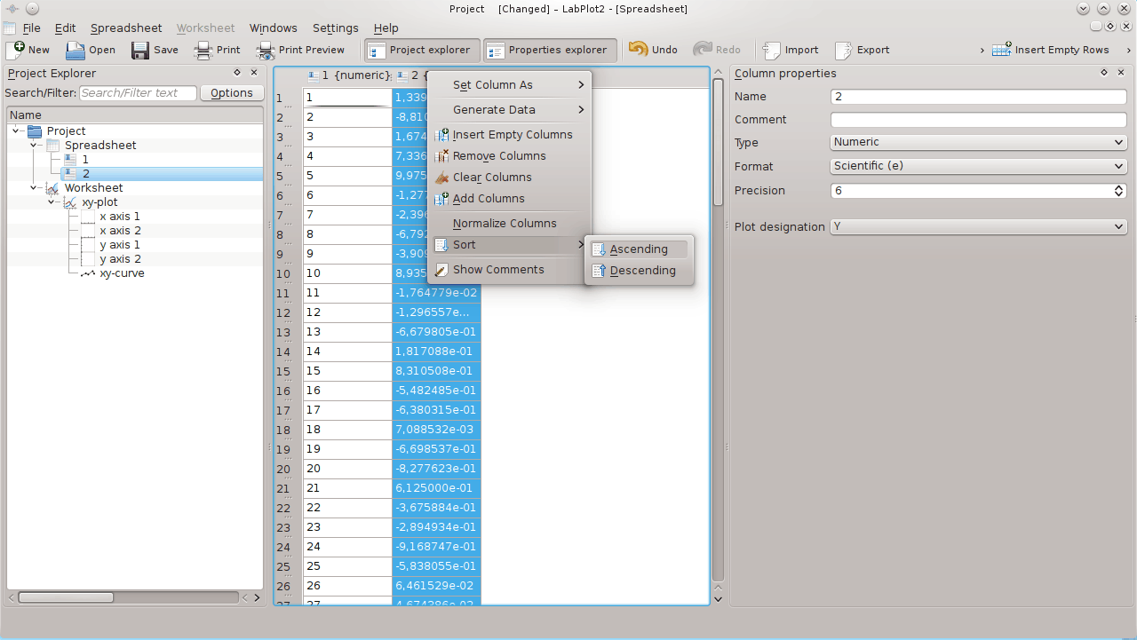 Sorting the second column of the spreadsheet