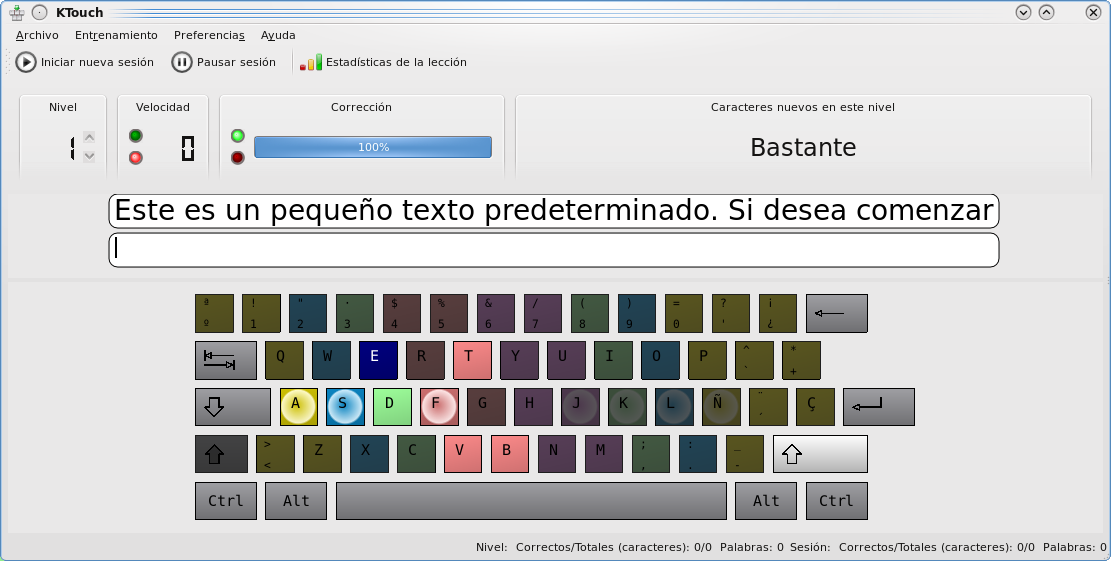 Pantalla principal de Entrenador de mecanografía