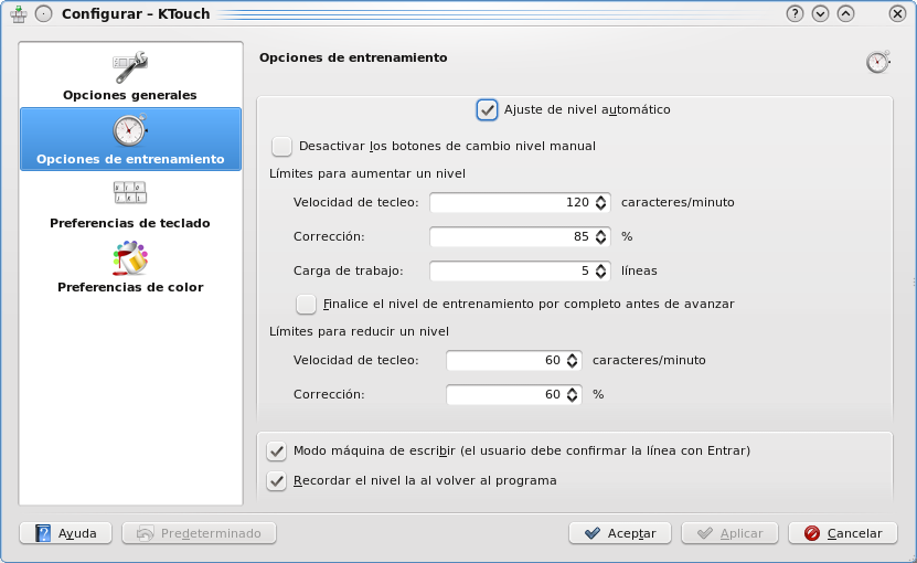 Opciones de entrenamiento