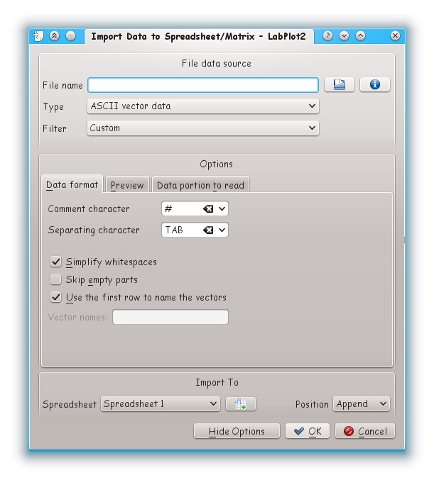 Importera data till LabPlot